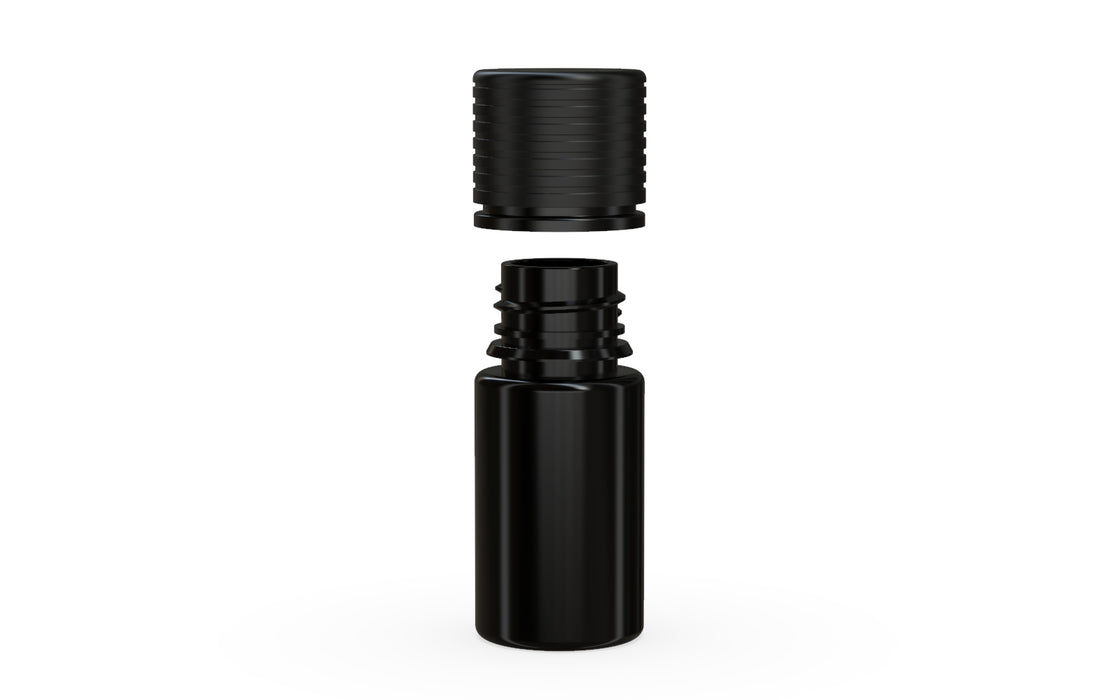 Chubby Gorilla Spiral CR 30ml Stubby bottle, opaque black with opaque black cap, cap detail