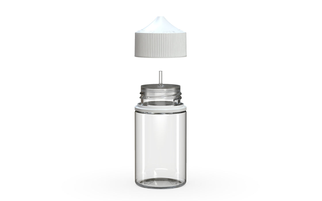 Chubby Gorilla Unicorn 75ml Stubby bottle, clear natural with opaque white cap, side view