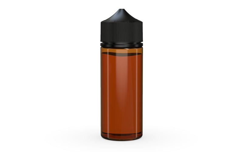 Chubby Gorilla Unicorn 120ml bottle, translucent amber with opaque black cap, cap detail