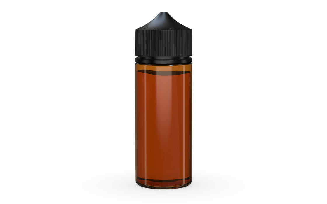 Chubby Gorilla Unicorn 120ml bottle, translucent amber with opaque black cap, cap detail