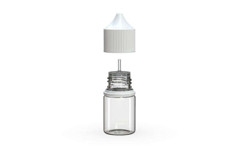Chubby Gorilla Unicorn 20ml Stubby bottle, clear natural with opaque white cap, side view
