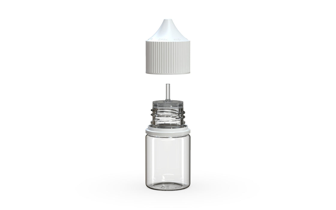 Chubby Gorilla Unicorn 20ml Stubby bottle, clear natural with opaque white cap, side view