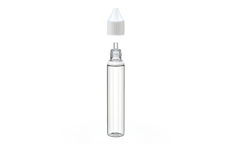 Chubby Gorilla Unicorn 30ml bottle with Reducer Tip, clear natural with opaque white cap, side view