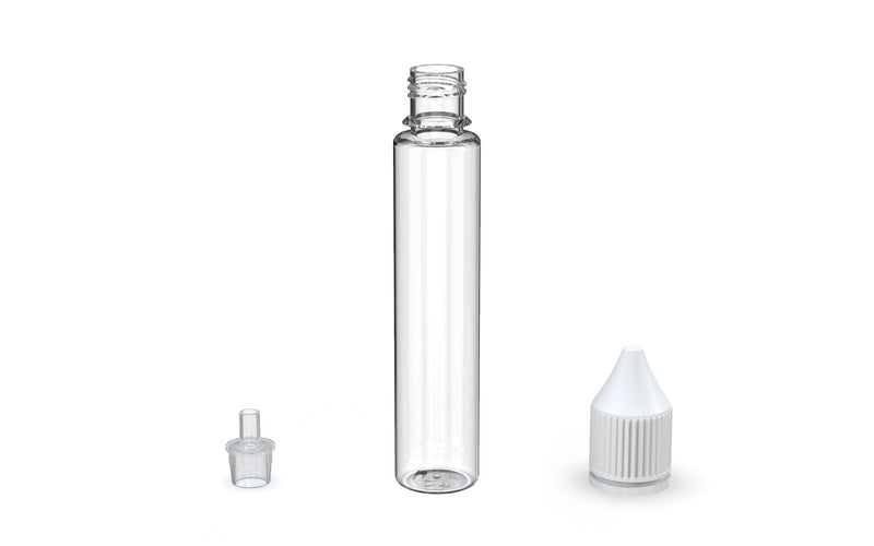 Chubby Gorilla Unicorn 30ml bottle with Reducer Tip, clear natural with opaque white cap, reducer tip detail