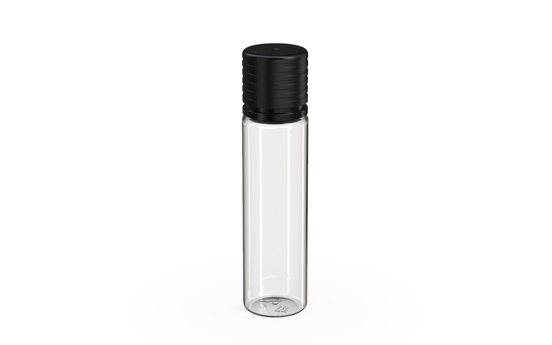Chubby Gorilla Spiral CR 20ML unicorn bottle, clear natural bottle with opaque black child-resistant cap, side view