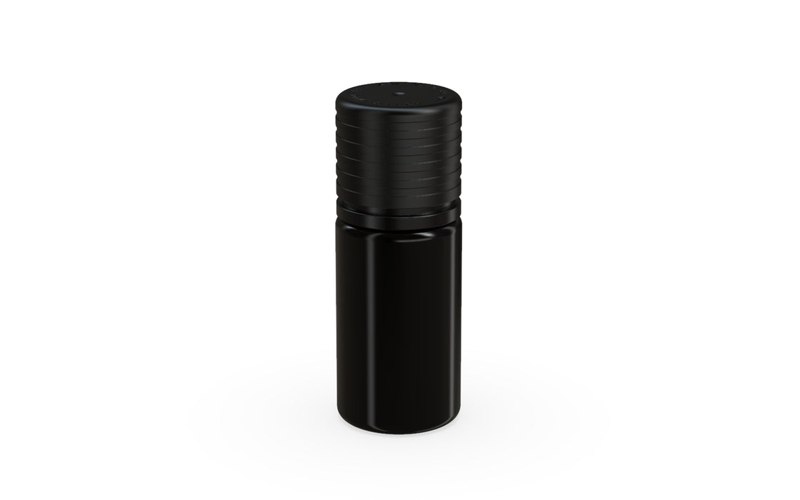 Chubby Gorilla Spiral CR 10ML unicorn bottle, opaque black bottle with opaque black child-resistant cap, side view