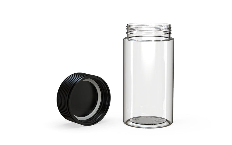 180CC/6FL.OZ/180ML Spiral CR - Container With Inner Seal & Tamper - Clear Natural With Opaque Black Lid - Copackr.com