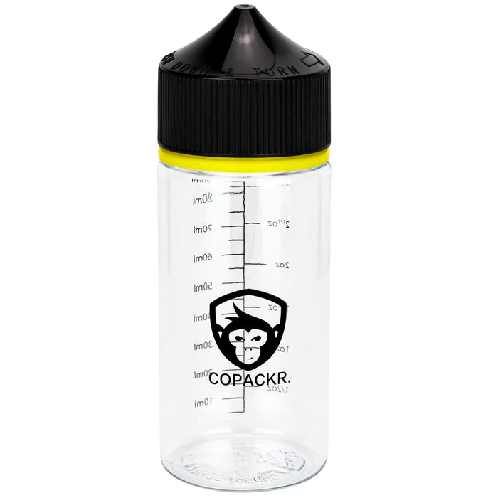 Copackr Chubby Gorilla V3 flacons compte-gouttes, flacons en plastique avec mesure pour huile, encre et/ou produits chimiques, parfaits pour le voyage, flacons de liquide, avec bouchon de sécurité pour les enfants, lot de 5 (100 ml)